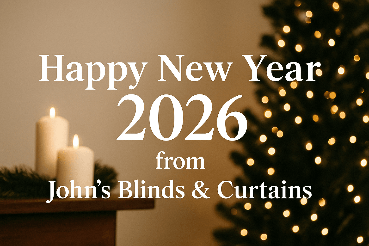 A warm festive scene with candles and soft lights from a Christmas tree, featuring the text “Happy New Year 2026 from John’s Blinds & Curtains.”