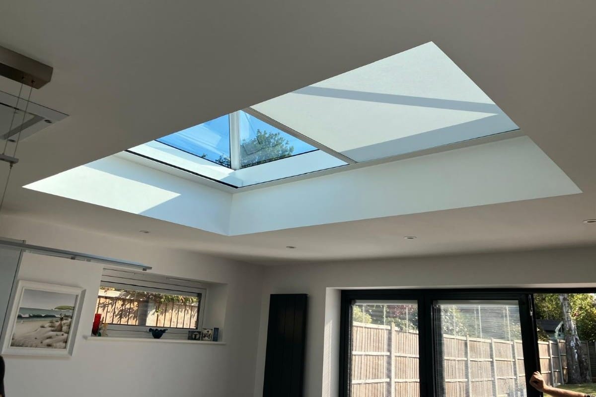 Rooflight blinds installed in a modern home to control light and temperature