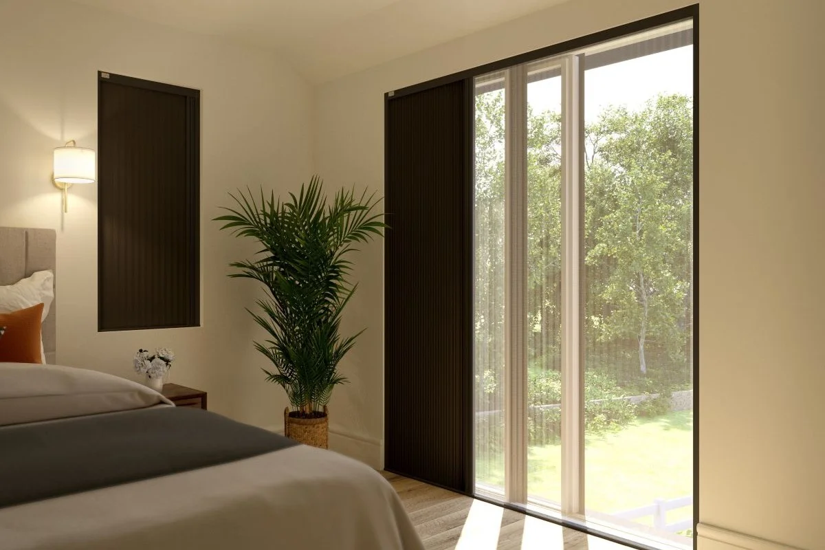 Blind Screen Blackout blind in Modern Bedroom Blind Screen blackout sliding panel covering a bedroom window