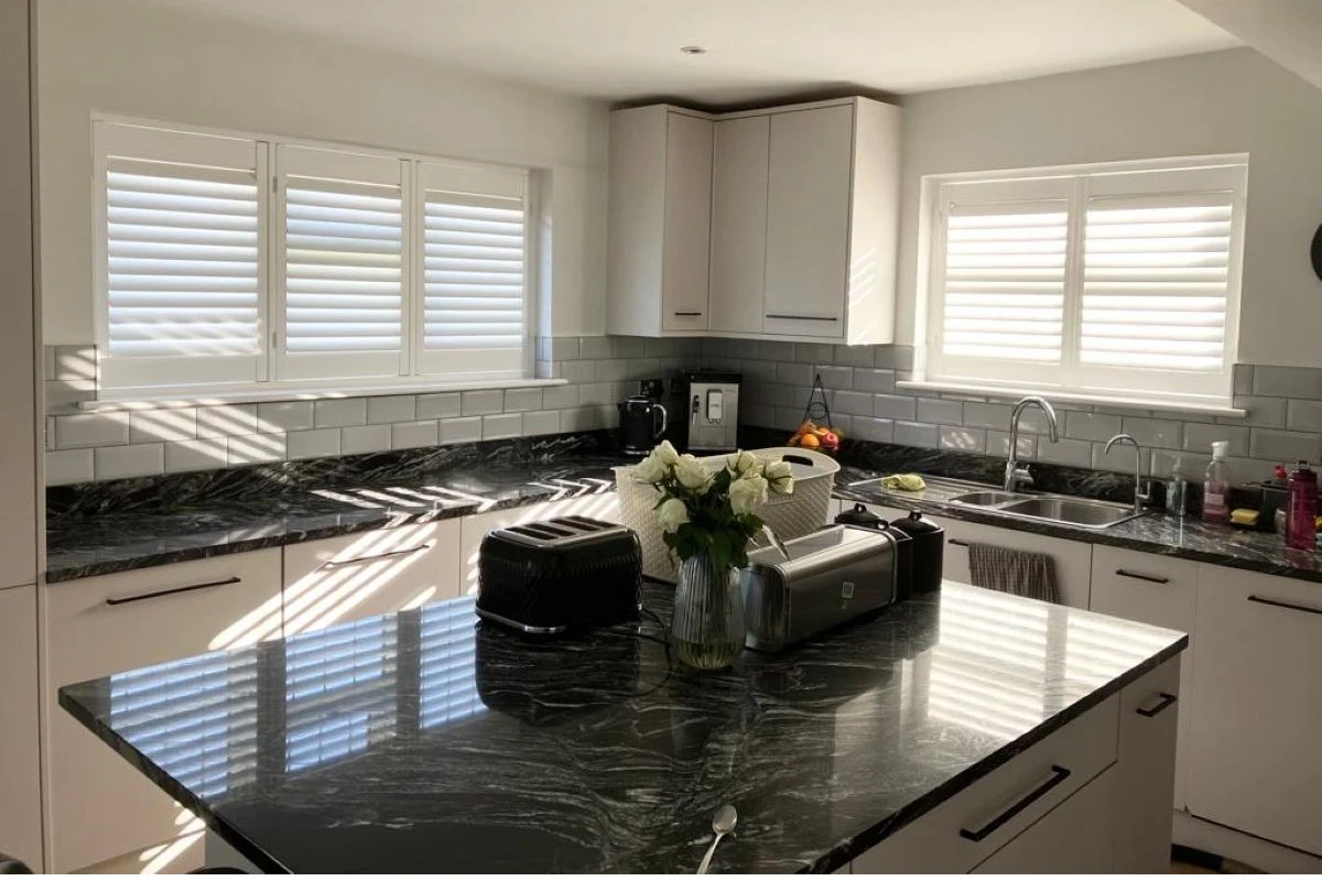 Faux Wood Shutters in Modern Kitchen Window