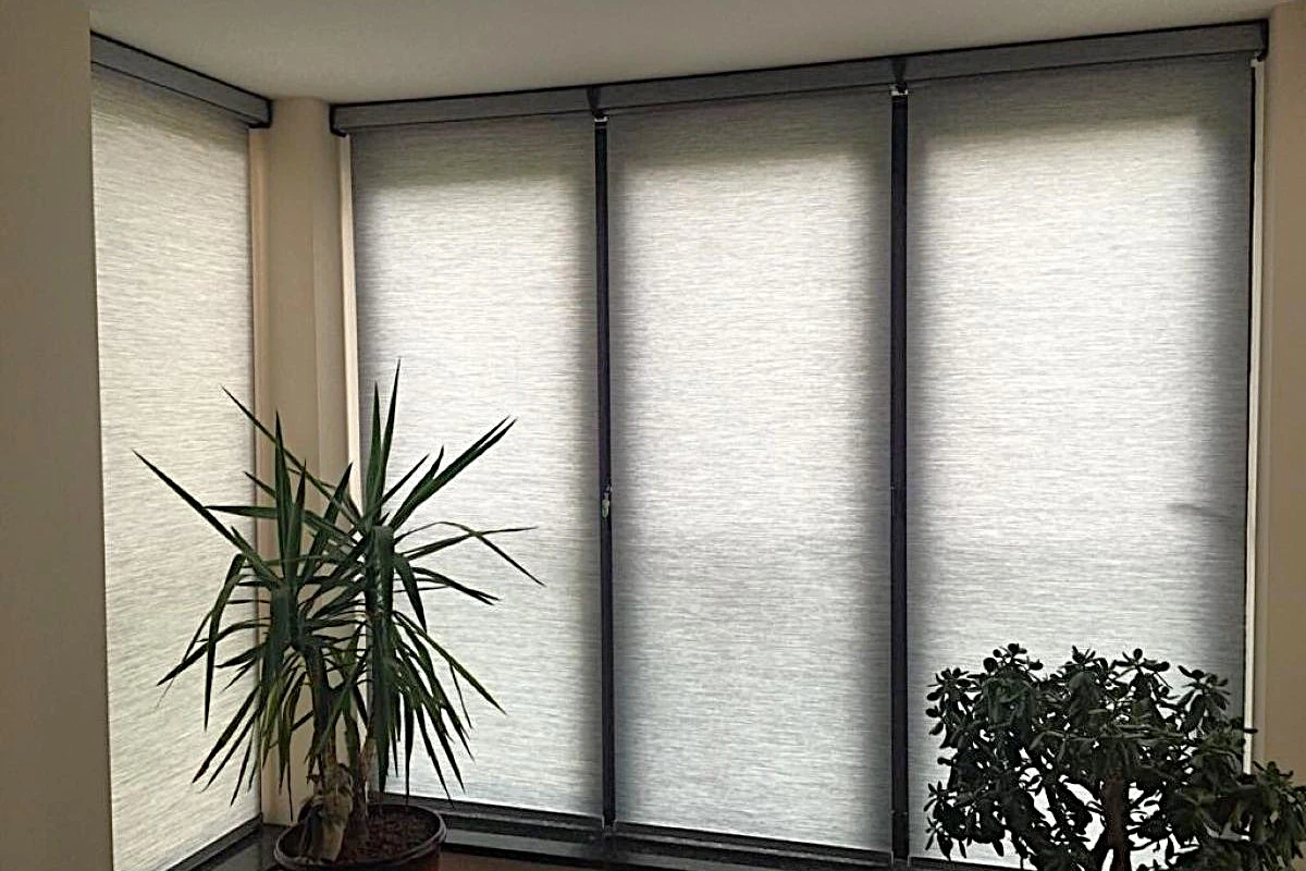 Motorised cassette roller blinds fitted to large floor-to-ceiling windows in a modern home, providing smooth and silent shading.