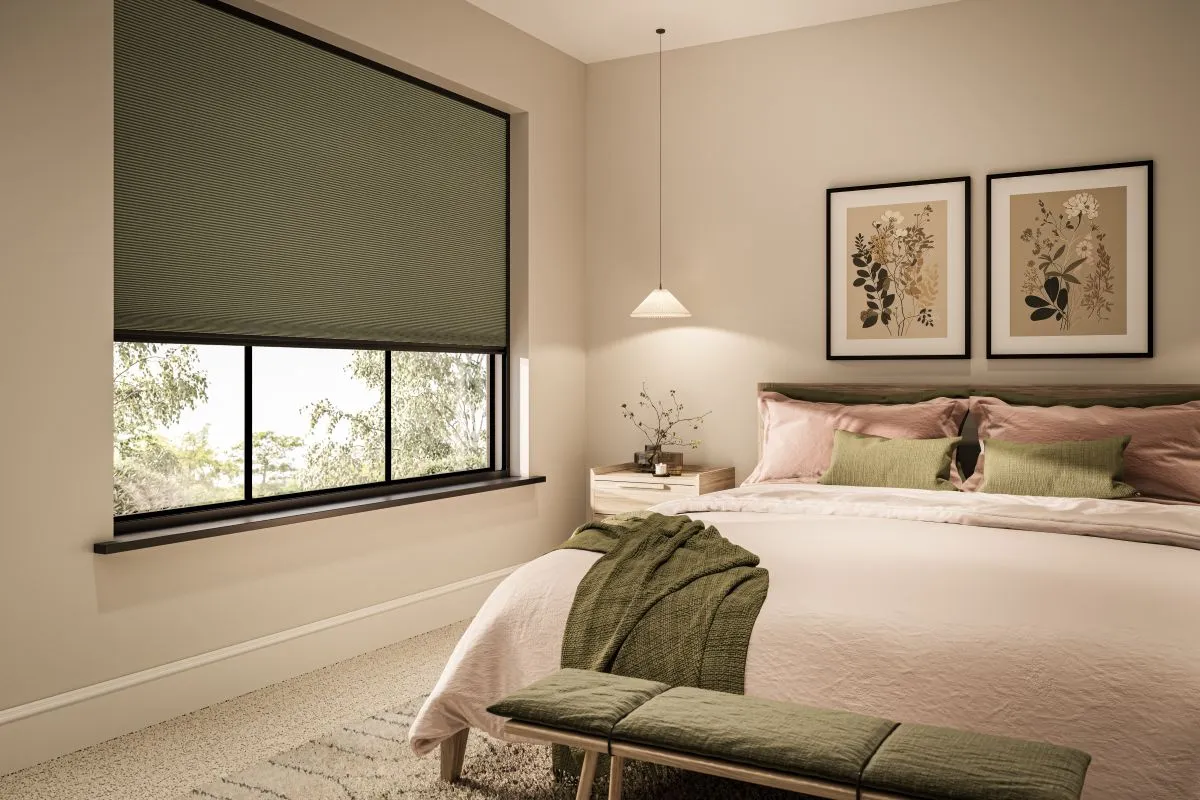 Night Shade Blackout Cellular Blind in Bedroom Night Shade blackout cellular blind fitted on a bedroom window