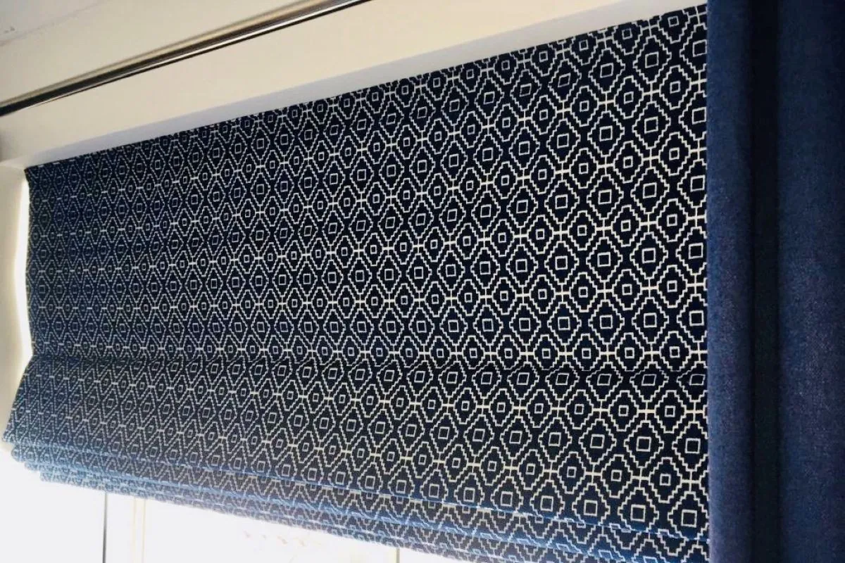 Blue Patterned Roman Blind in Bedroom Beautiful Made to Measure Roman Blind
