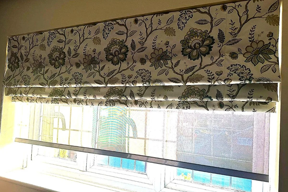 Roman Blind with Sheer Roller Blind Installed on Bedroom Window Roman Blinds layered with Screen Roller blind for privacy