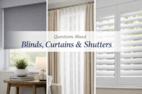 Blinds, curtains and plantation shutters shown in a modern home interior