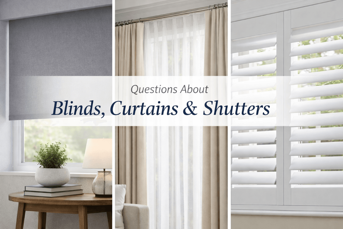 Blinds, curtains and plantation shutters shown in a modern home interior
