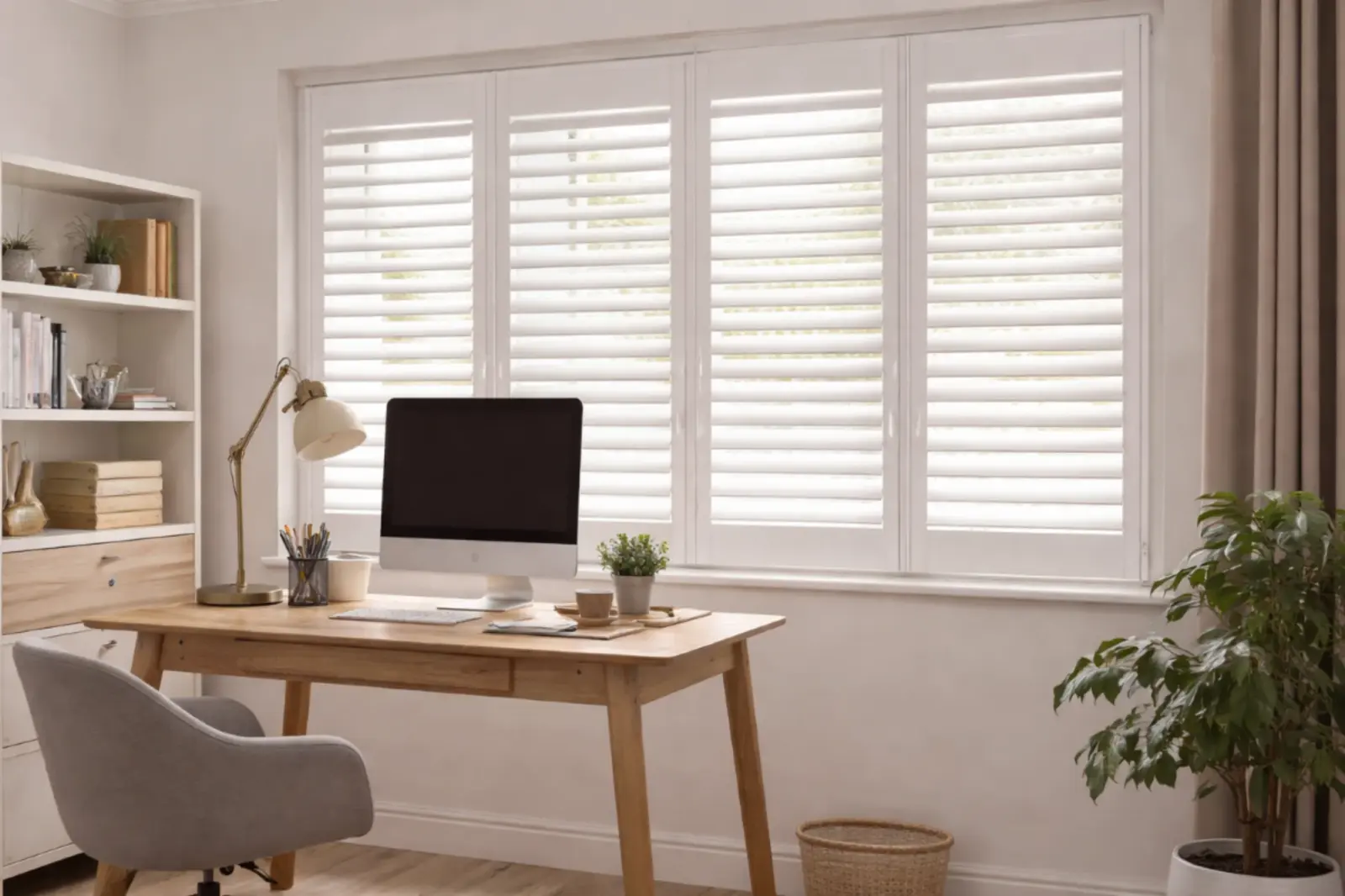 White plantation shutters allowing natural light into a home office