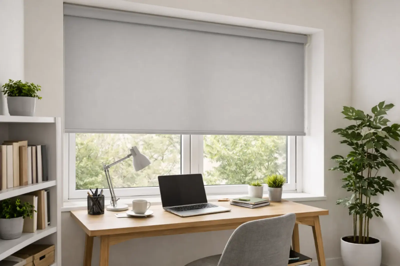 Grey roller blind providing light control and privacy in a modern home office