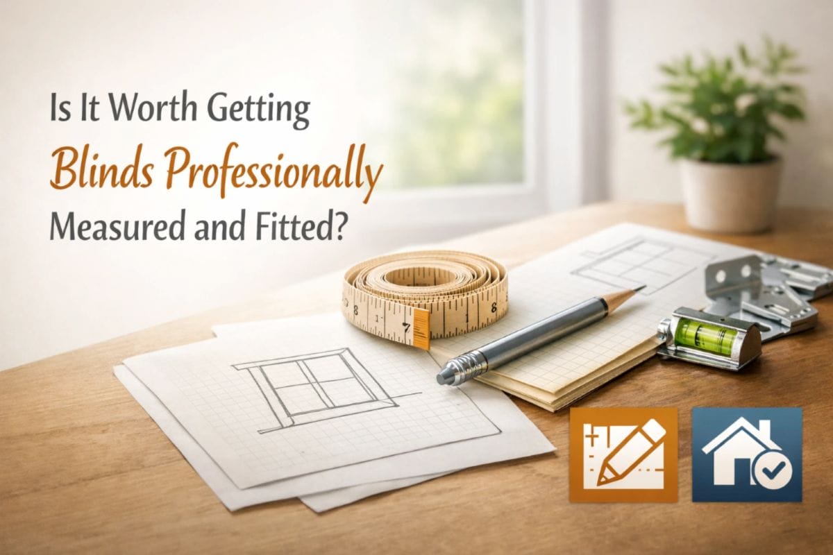 Is It Worth Getting Blinds Professionally Measured and Fitted? – Practical Guide Guide to professionally measuring and fitting blinds, showing measuring tape, plans and tools on a desk