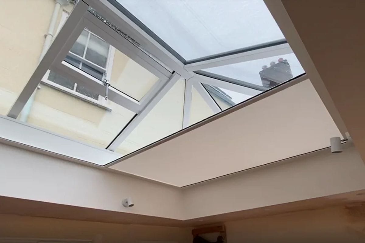 Premium Zipped Roof Lantern Blind – Kurolok RL System Premium zipped roof lantern blind installed within a roof lantern, providing effective light and heat control