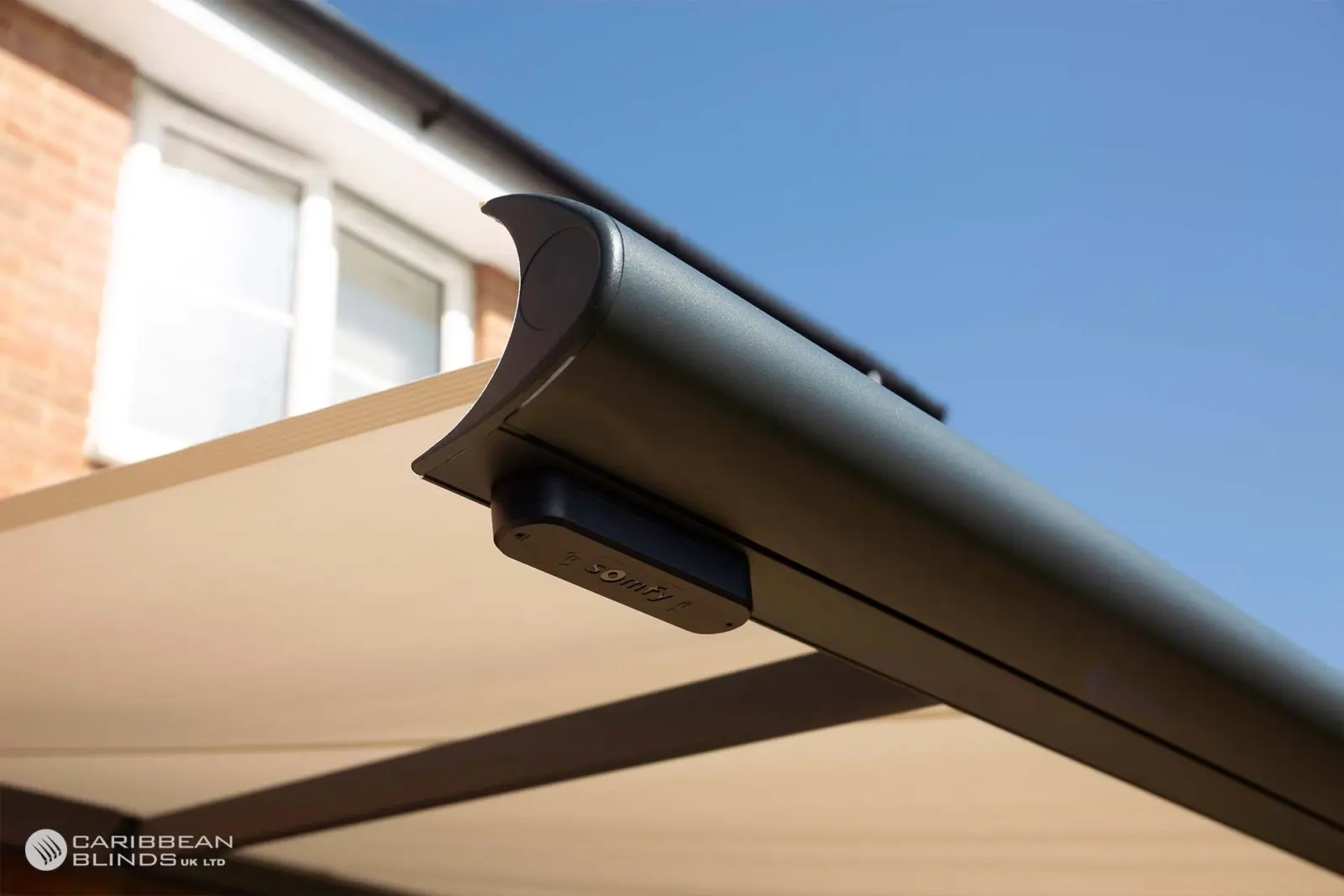 Tortola motorised patio awning with attached wind sensor for automatic protection