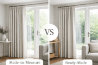 Side-by-side comparison of made to measure and ready made curtains showing differences in fit and finish