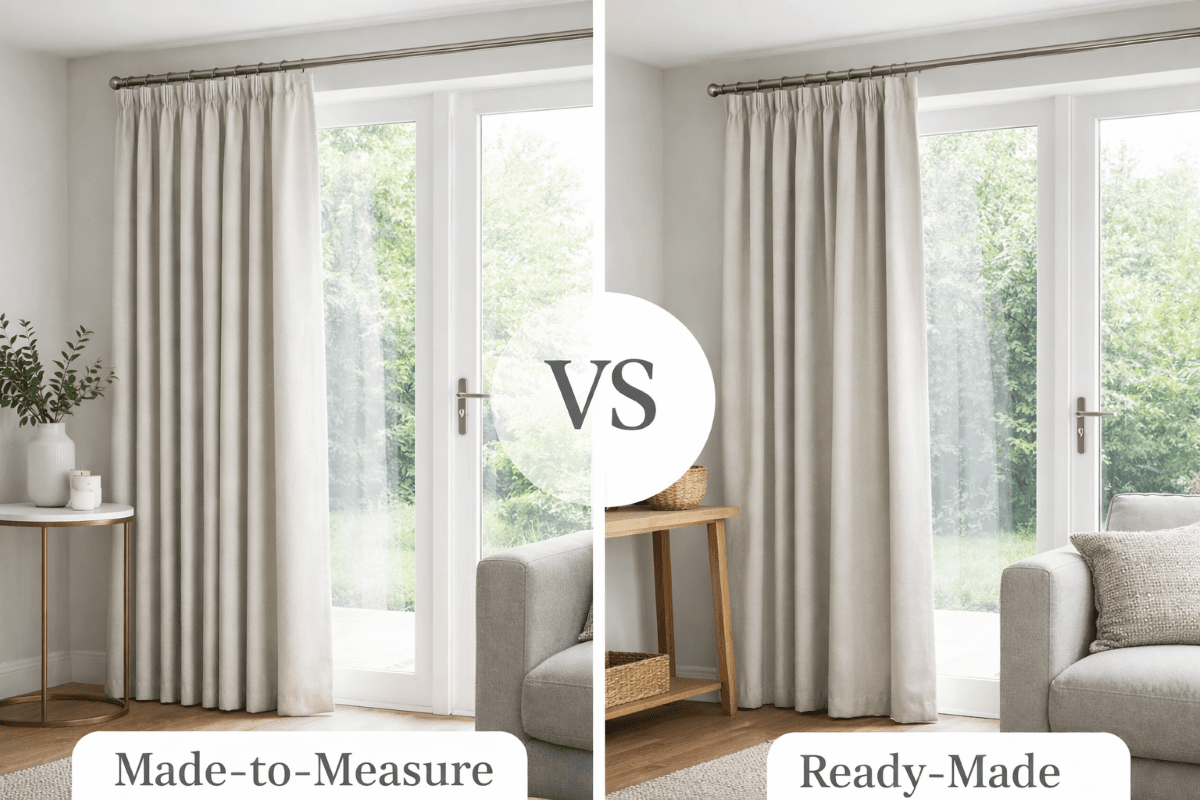 Side-by-side comparison of made to measure and ready made curtains showing differences in fit and finish