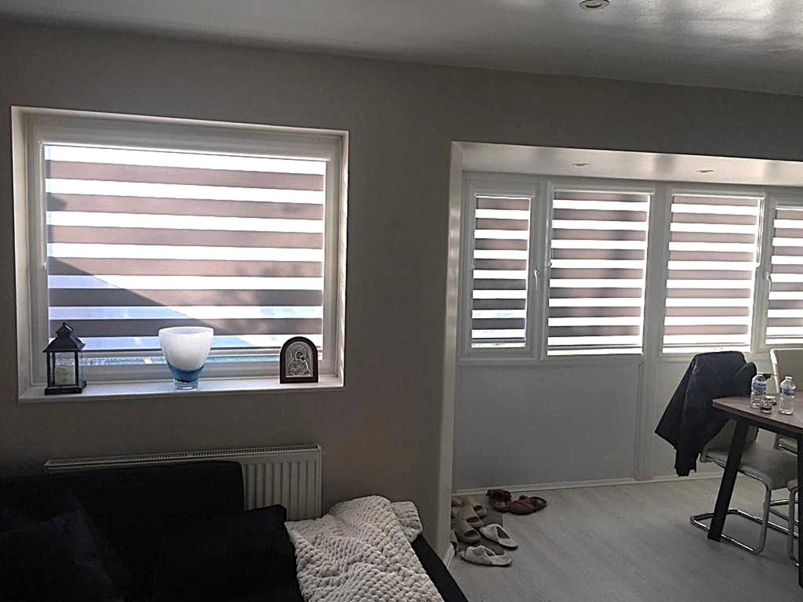 Perfect Fit Day & Night blinds fitted to white uPVC windows and doors without drilling