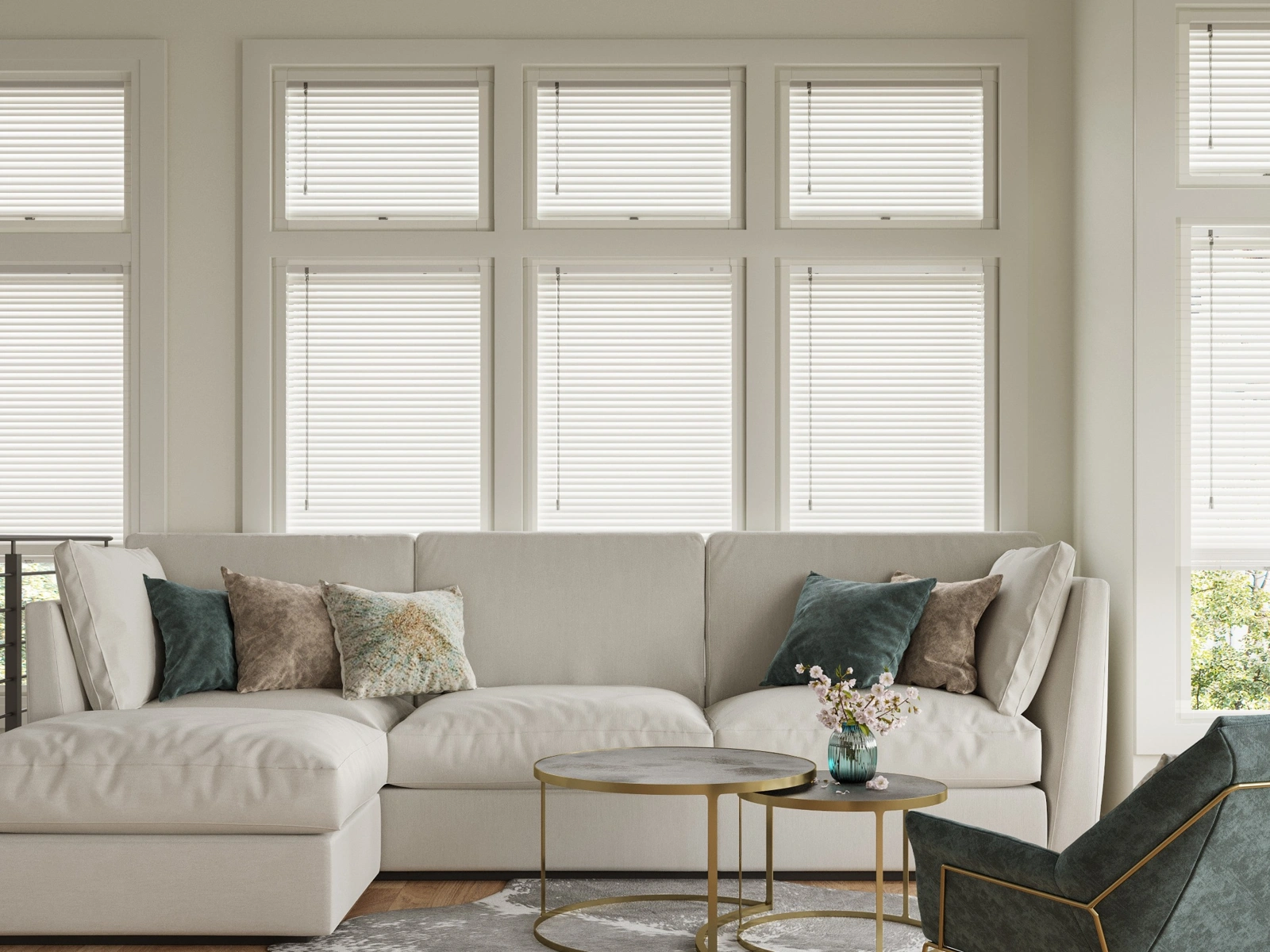 Perfect Fit wood Venetian blinds fitted to white uPVC windows in a modern living room