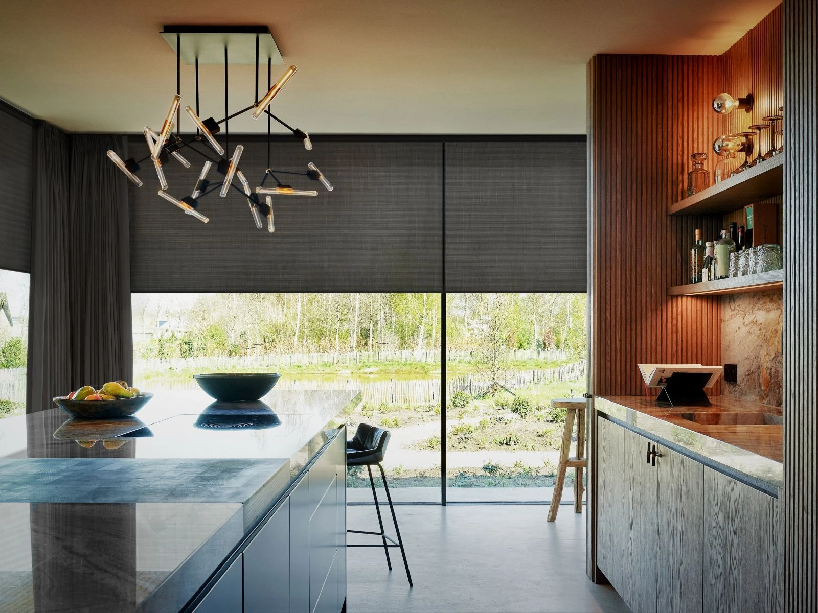 Dark Cellular Blinds fitted across large glazed windows in a modern contemporary kitchen interior.