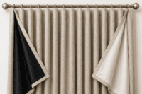 Side-by-side comparison of blackout and thermal curtain linings on made-to-measure curtains.