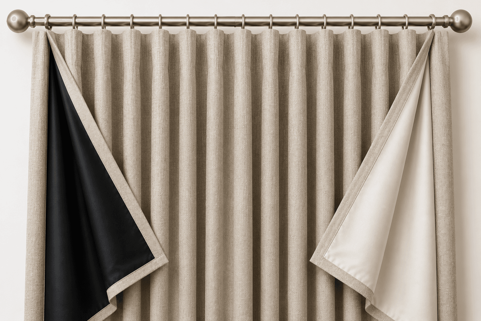 Side-by-side comparison of blackout and thermal curtain linings on made-to-measure curtains.
