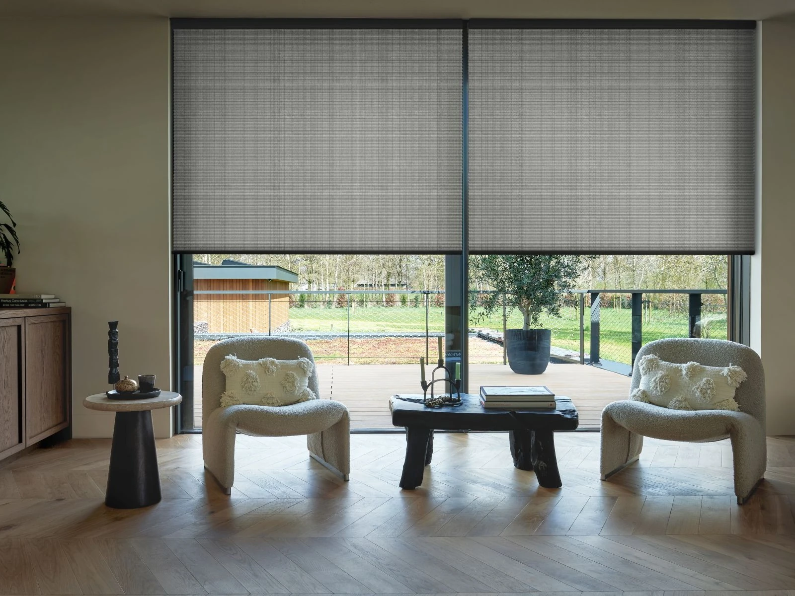 Manual Cellular Blinds with Larger Honeycomb Cells Manual made-to-measure cellular blinds with 32mm and 45mm honeycomb cells fitted to large patio doors, providing enhanced insulation, privacy and child-safe operation.
