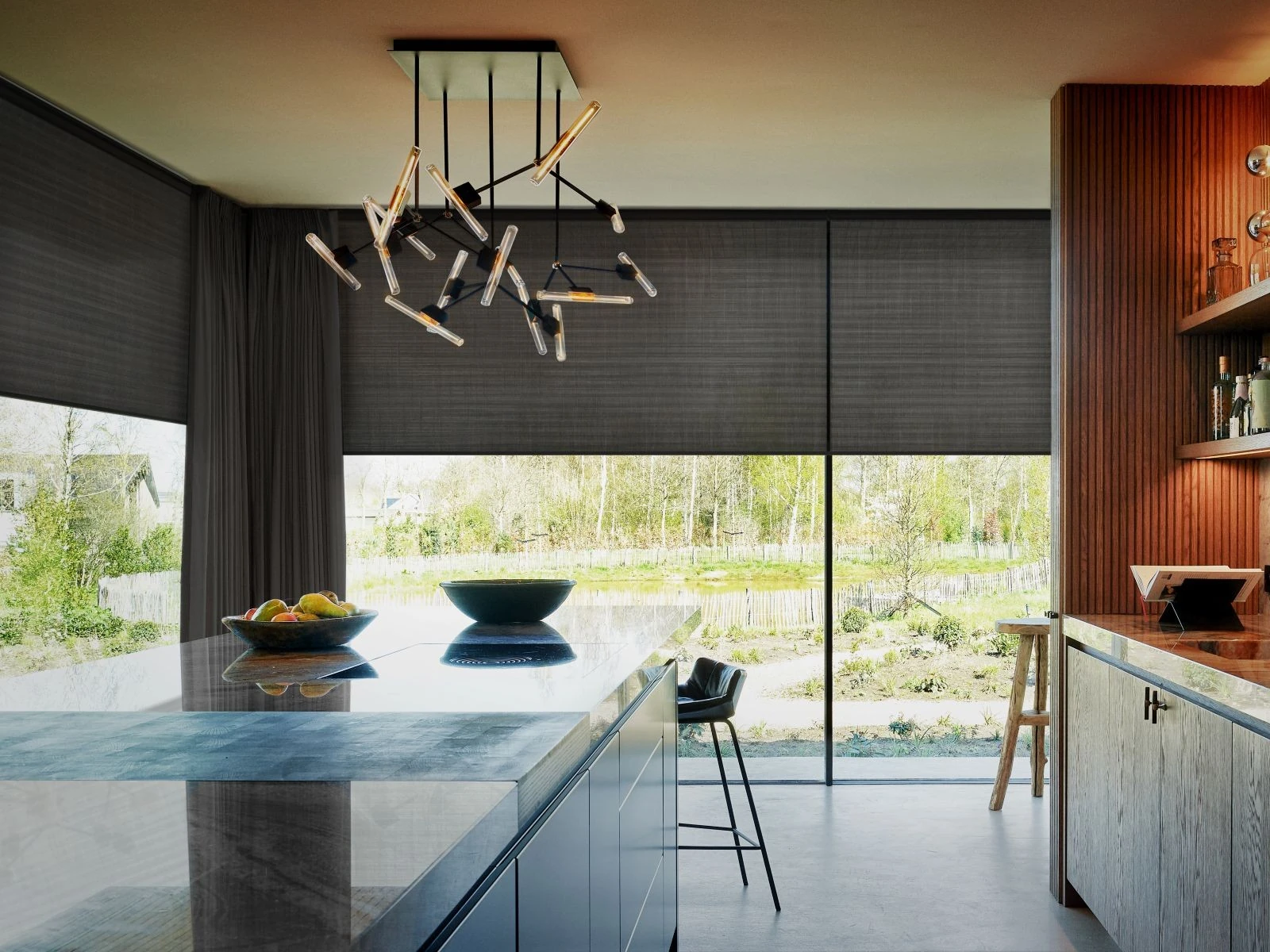 Motorised Cellular Blinds with Smart Home Control Motorised made-to-measure cellular blinds fitted to large contemporary windows, offering remote, smartphone and smart home control with energy-efficient honeycomb insulation.