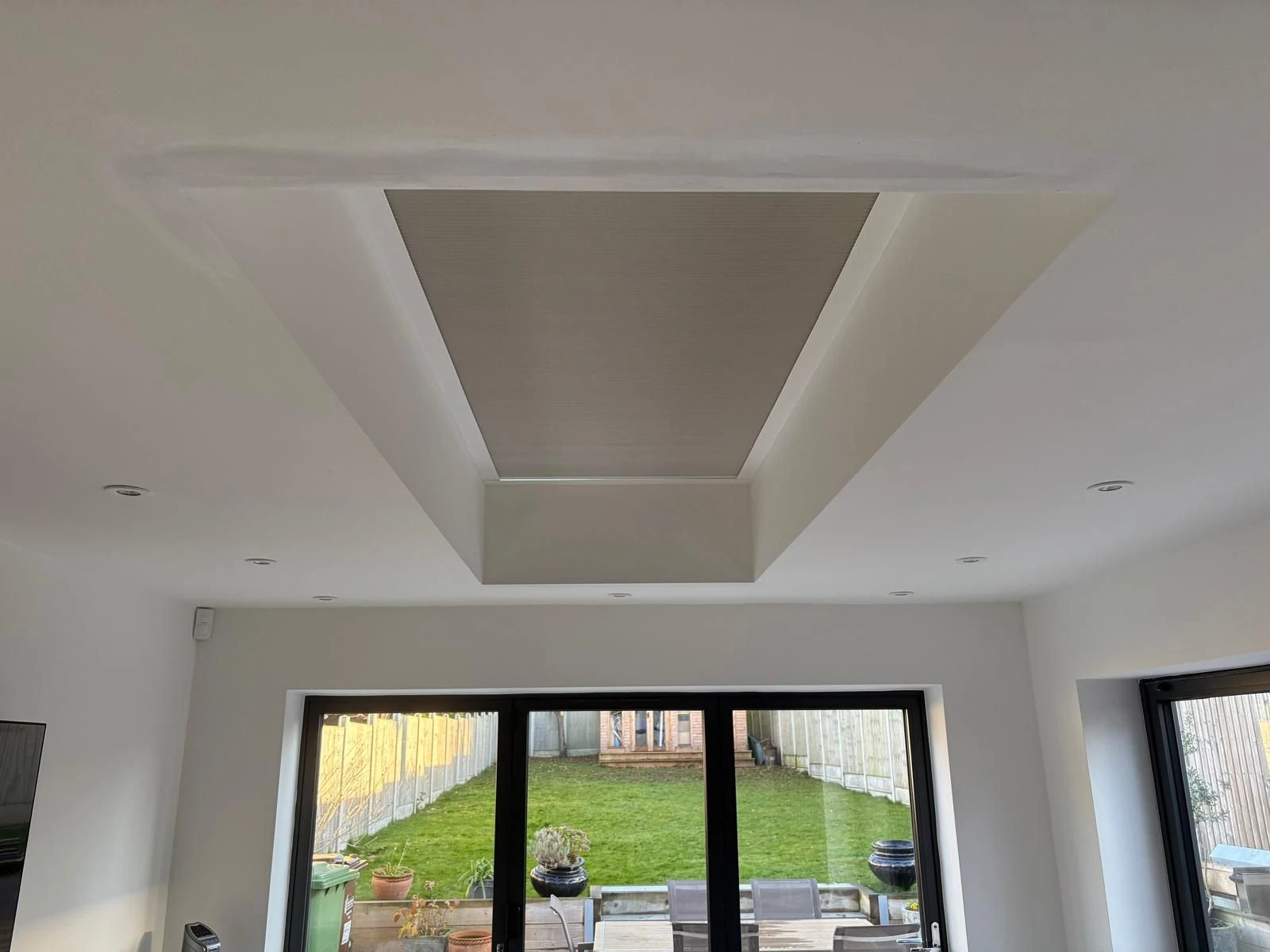 Cellular Roof Blind for Modern Roof Lanterns Cellular Roof Blind fitted within a modern roof lantern in a contemporary home interior.