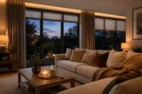 Modern living room with made-to-measure curtains and cellular blinds creating a warm, cosy atmosphere on an autumn evening.