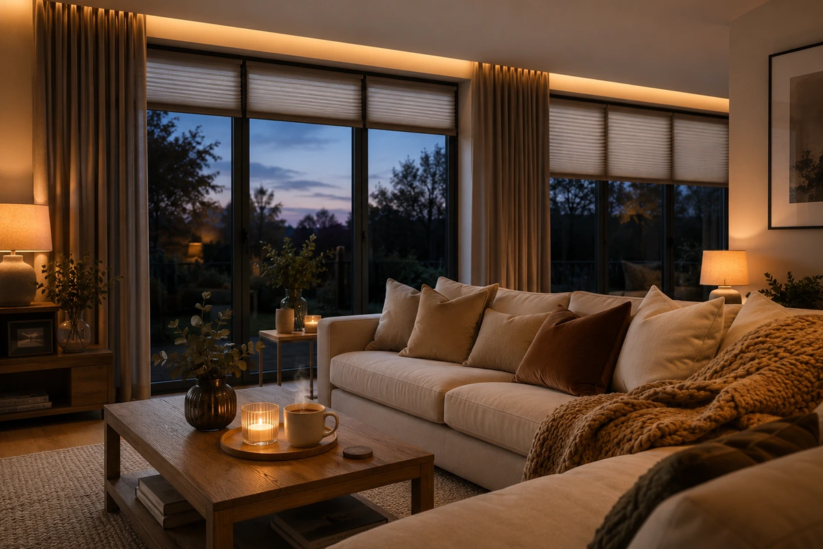 Modern living room with made-to-measure curtains and cellular blinds creating a warm, cosy atmosphere on an autumn evening.
