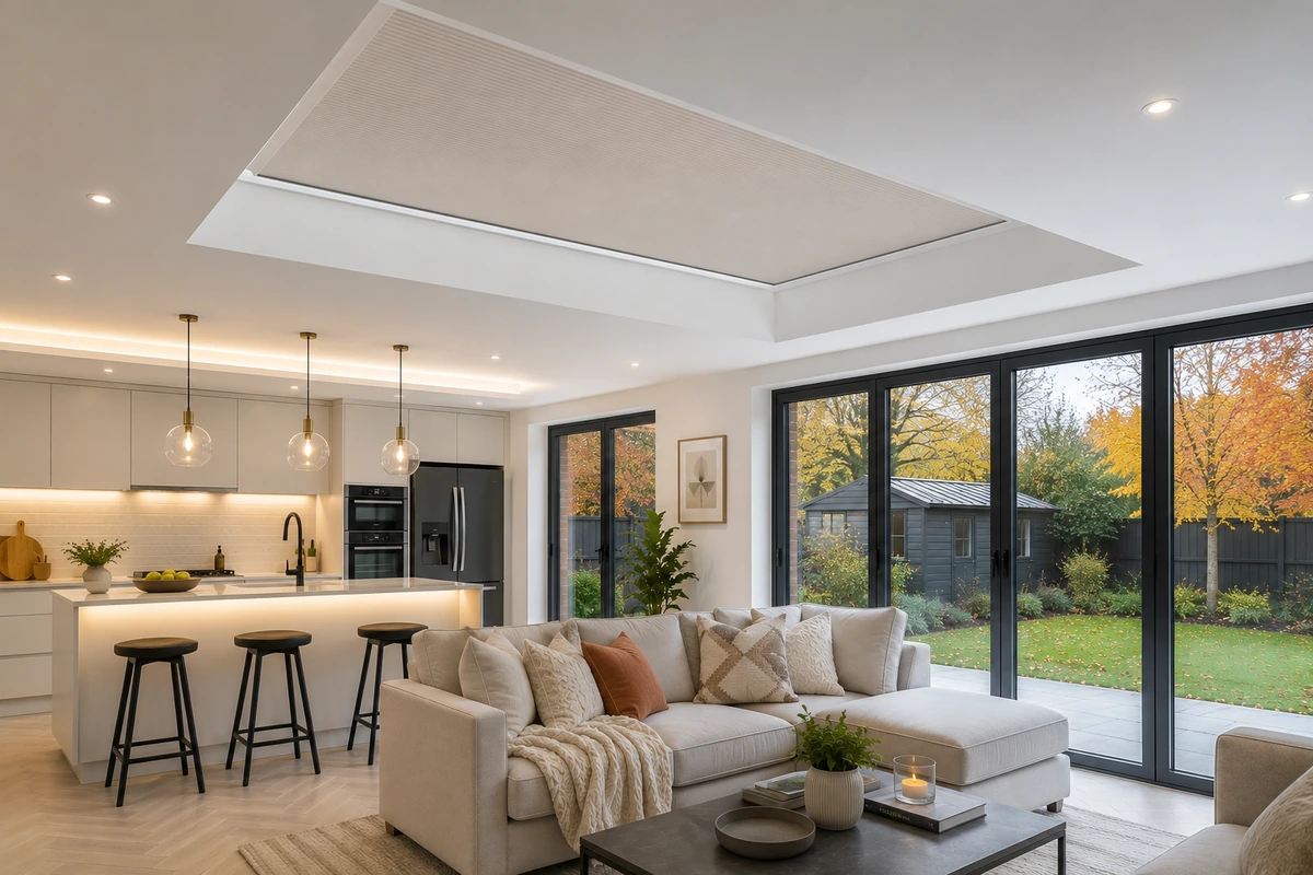 Modern open-plan kitchen and living room with a made-to-measure roof lantern blind installed across the internal roof lantern opening to help improve comfort during the colder months