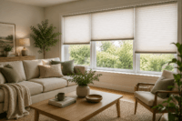 Modern living room featuring made-to-measure cellular blinds filtering natural daylight through large windows.