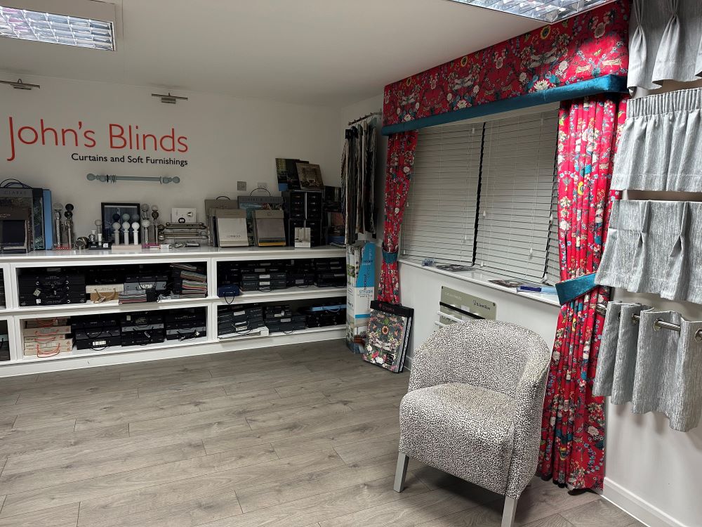 John’s Blinds & Curtains local showroom with product samples for homes across Essex.