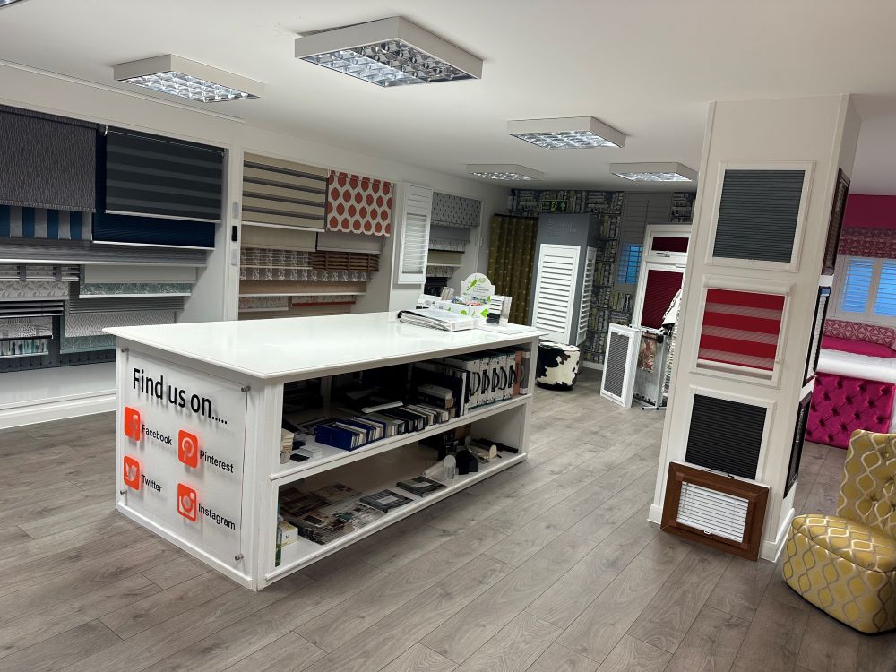 nterior view of John’s Blinds & Curtains Wickford showroom displaying blinds, curtains and shutters.